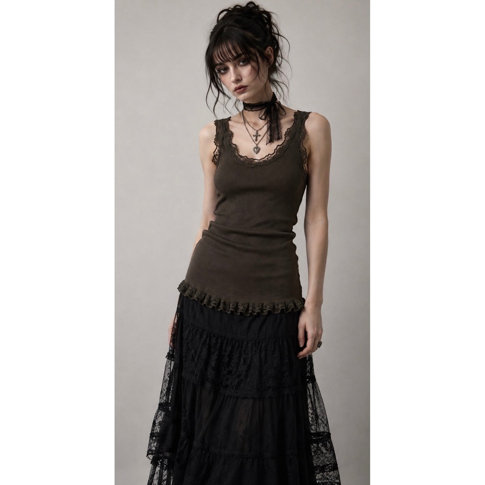 Rosemunde Babette Women M Olive Silk Cotton Lace trim Long Tank Top whimsygoth